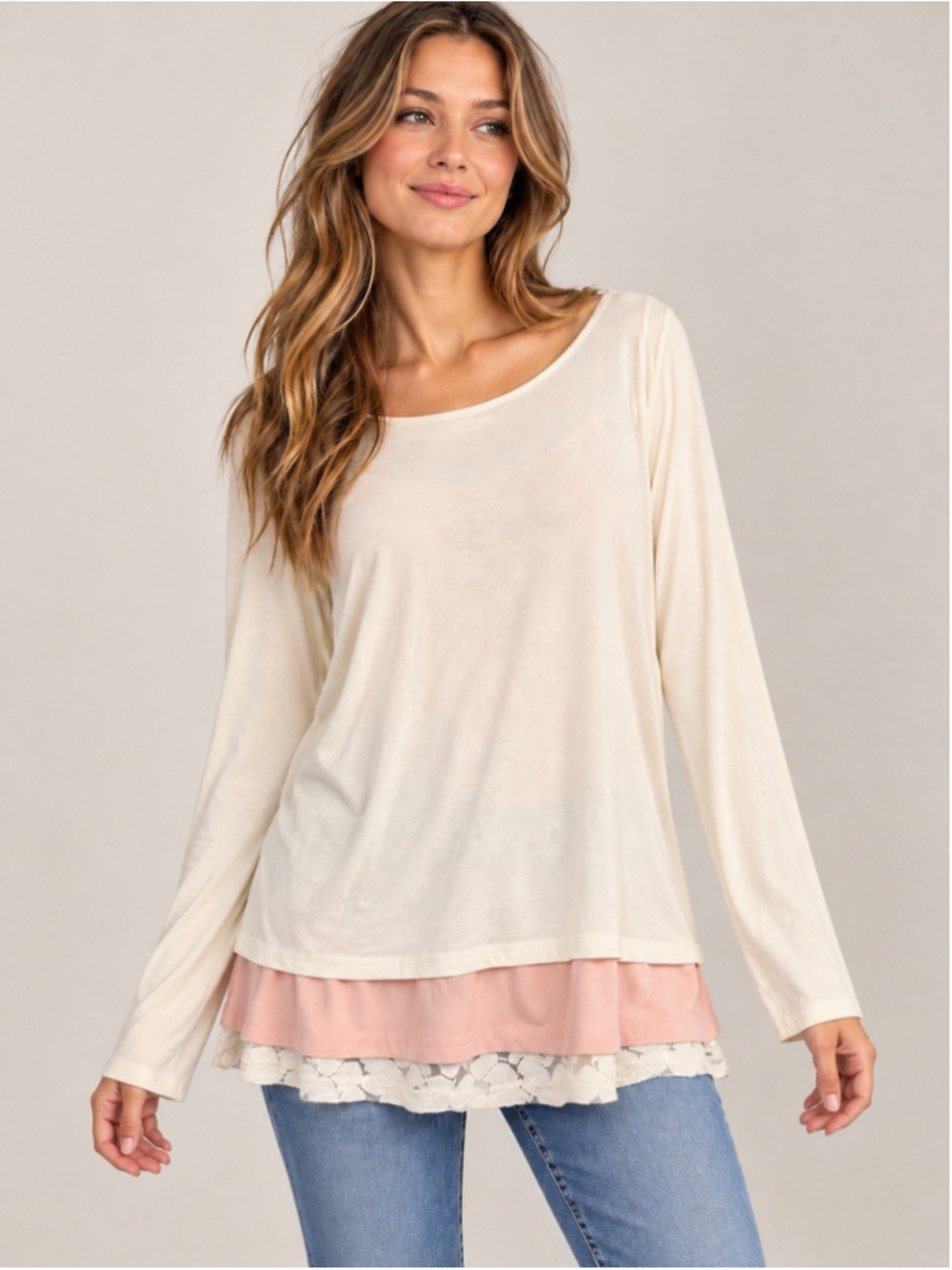 Matilda Jane Ophelia Layered Long Sleeve Top Womens Medium Cream Pink Lace Boho
